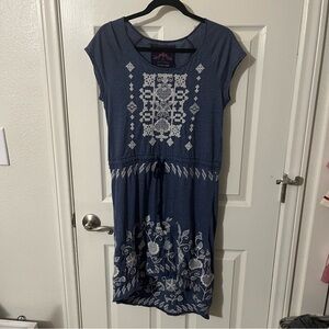 JOHNNY WAS DRESS BLUE EMBROIDERED ASYMMETRICAL DRAWSTRING FLORAL BOHO SZ S